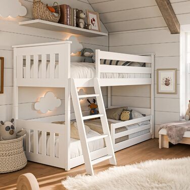 Дитяче ліжко-горище 90x200 см з поручнями та двома рейковими основами білого кольору Ліжко для дівчаток та хлопчиків Дитяче ліжко Підліткове ліжко 90x200 см Для дітей віком від 4 до 18 років 90 x 200 см (матраци не входять до комплекту) Білий