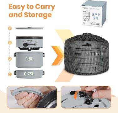 Електричний горщик для гарячої каструлі ENFRIFAM, портативний набір каструль для приготування їжі з горщиками та сковородою зі складною ручкою для автофургону, гуртожитку, офісу, на відкритому повітрі, кемпінгу, каструля для супу 1,8 л 0,75 л сковорода сі