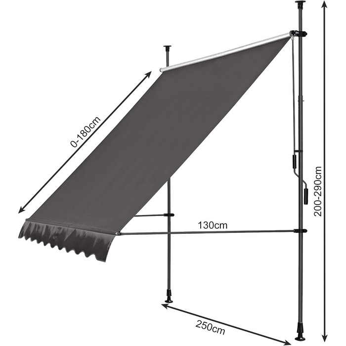 Тент QUICK STAR із затискачем 250x130 см, сірий, для балкону, сонцезахисний навіс, регульована висота від 200 до 290 см, для балкону без свердління