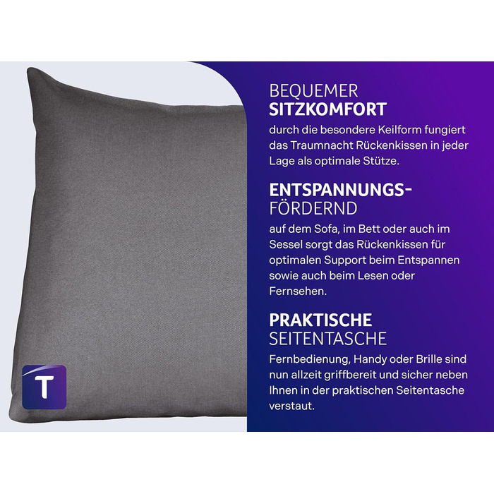 Затишна подушка для спини Traumnacht, подушка для читання, 70 x 40 см темно-сірого кольору, знімна, чохол, який можна прати, виготовлений зі 100 поліестеру, практична бічна кишеня, сертифікована Oeko-Tex, виготовлена за німецькими стандартами якості. Темн
