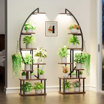 Підставка для рослин з лампою для вирощування - 7-ярусна підставка для квітів 165 см, металева дерев&39яна полиця для рослин - Квіткові драбини для приміщень та вулиці - Декоративна чорна квіткова полиця для внутрішнього саду, балкону, 2 шт.