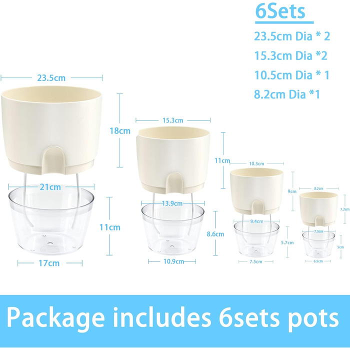 Пластикові квіткові горщики, 6 шт. , 22,3 см/15,3 см/10,5 см/8,2 см, горщики для трав із самополивом та резервуаром для води, сучасні горщики для кімнатних рослин, квітів та трав - Білі, комплект із 6 предметів