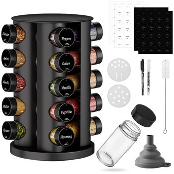 Кругла чорна підставка для спецій з 20 чорними круглими банками для спецій, карусель для спецій з нержавіючої сталі, що обертається на 360, органайзер для спецій, підставка для спецій, банки для спецій зі вставкою-шейкером, кругла банка для спецій B 20
