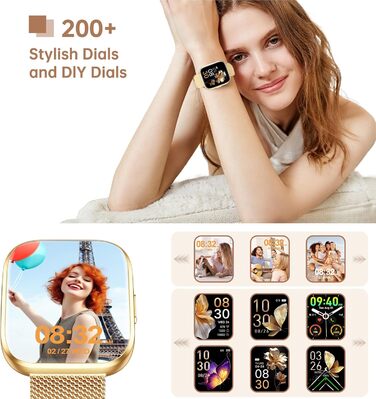 Жіночий смарт-годинник із функцією телефону, сенсорний екран 1,85 дюйма, фітнес-трекер, понад 120 спортивних режимів, водонепроникність IP68, фітнес-годинник із серцевим ритмом, SpO2, монітором сну, крокоміром, смарт-годинник для iOS та Android, золотисти