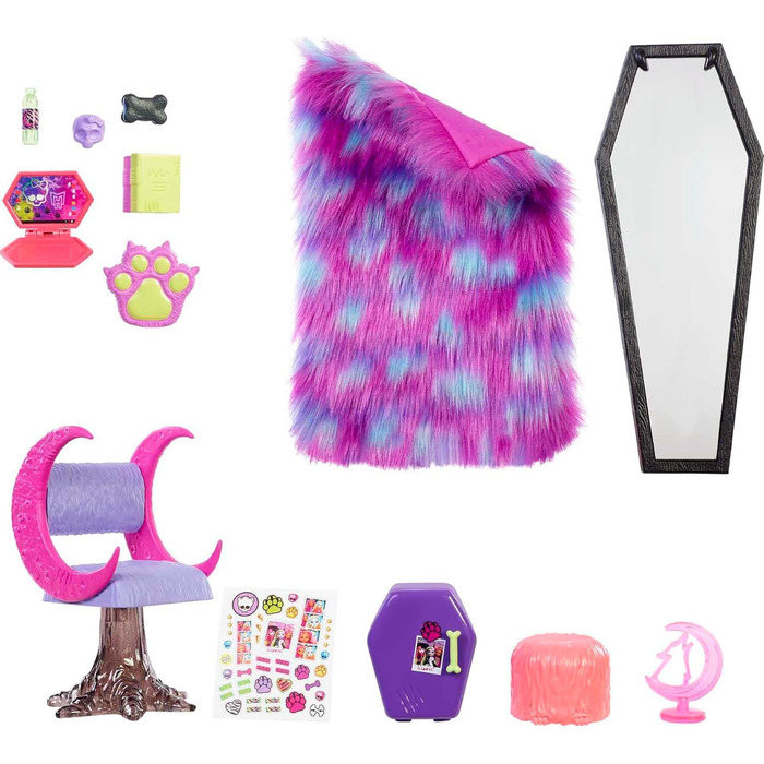 Клодін Вульф - Ігровий набір для спальні з аксесуарами та аркушем наліпок, меблями та декораціями, для неймовірно веселої гри, лялька не входить до комплекту, HMV77 Single