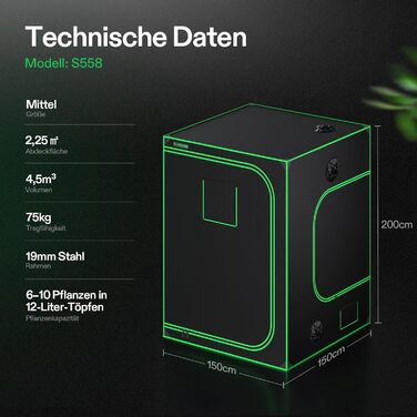 Світлонепроникний намет для гідропоніки з відбиваючим Mylar, вікном огляду, піддоном та міцною рамою. Ідеально підходить для вирощування рослин у приміщенні (модель S558, сумісна з VSF6450), 150x150x200