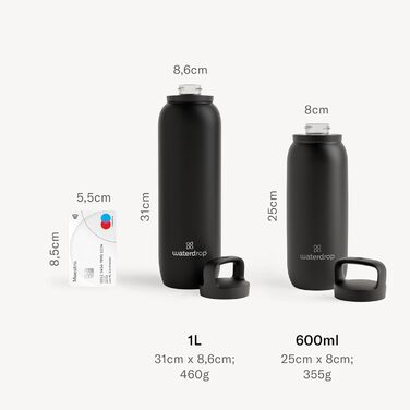 Термос Waterdrop універсального призначення 1 л, ізольована пляшка з нержавіючої сталі, зберігає напої холодними 24 години - гарячими 6/12 годин, герметична та ударостійка, матово-чорний колір, 1000 мл
