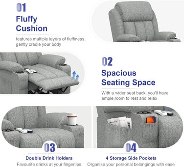 Електричне масажне крісло-реклайнер YONISEE з функцією відкидання, підйомником, масажем, підігрівом, підставкою для ніг, підстаканником, 4 бічними кишенями, портами типу C та USB, шкіряним, кріслом для вітальні, темно-сірим
