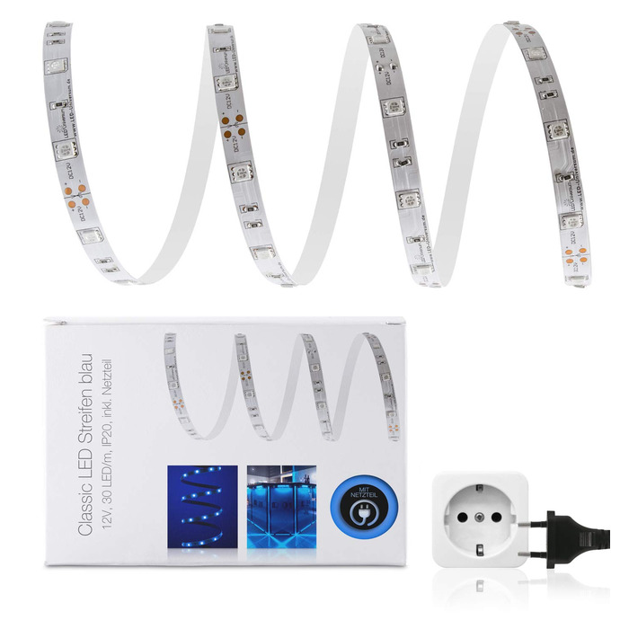 Світлодіодна стрічка 12V IP20 синя 30 LED/м 5050, комплект з блоком живлення без вимикача, 2м