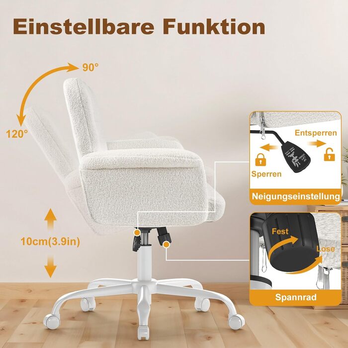 Офісне крісло ZZH для домашнього офісу, зручне, м&39яке, пухнасте крісло для туалетного столика з колесами та підлокітниками, миле поворотне комп&39ютерне сидіння з плюшевого оксамиту для спальні, макіяж, білий колір
