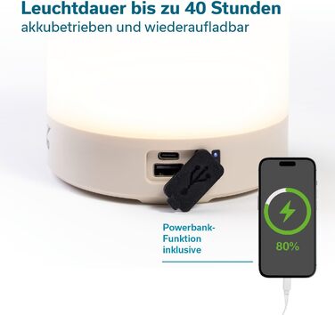 Ліхтар для кемпінгу Skandika Nordsol Акумуляторний світлодіодний ліхтар, теплий білий, зовнішній акумулятор, від 80 до 130 люмен, із зарядним кабелем USB Type-C, 2 x 1800 мАг, з регульованою яскравістю, підвісний Ліхтар для кемпінгу, активного відпочинку 