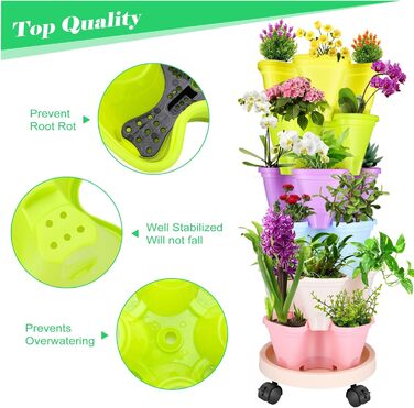 Вежа для рослин WADEO з горщиками, що штабелюються, вертикальний сад з 6 ярусами, горщик для полуниці, трав, квітів та овочів, що штабелюється, економія місця до 12 рослин (різнокольоровий)