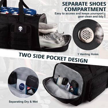 Тактична спортивна сумка для чоловіків, велика спортивна дорожня сумка 3-в-1 об&39ємом 70 літрів з відділенням для взуття, водонепроникний дорожній рюкзак для чоловіків та жінок, сумка для вихідних та ночівлі з відділенням для вологих речей. Розмір Чорний