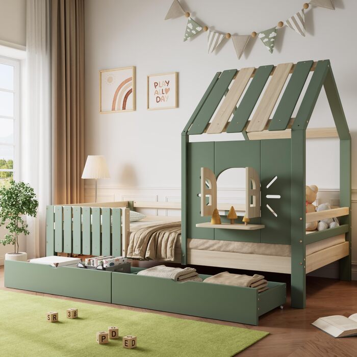 Дитяче ліжко 90x200 см, дерев&39яне ліжко з 2 шухлядами, ліжко-будиночок з дахом та вікном, каркас ліжка з рейковою основою, для дівчаток та хлопчиків, зелене, без матраца 90 x 200 см B