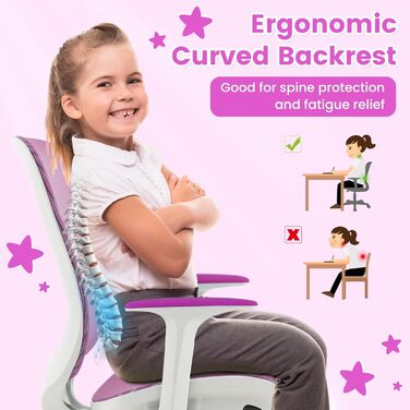 Дитяче офісне крісло FANTASK, регульована висота 43-55 см, поворотне на 360 зі спинкою, підлокітниками та колесами, ергономічне офісне крісло для дітей 6-15 років (фіолетове)