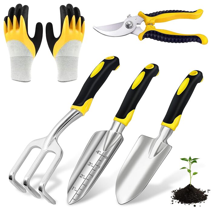 Набір садових інструментів 5 в 1 з нержавіючої сталі ручний совок, секатор, граблі, садові рукавички та аксесуари