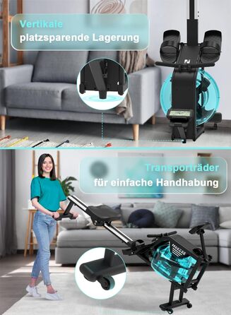 Домашній гребний тренажер Neezee, водний гребний тренажер з професійним Bluetooth-монітором та тримачем для планшета, максимальна вантажопідйомність 150 кг, вертикальне зберігання, транспортні колеса для легкого переміщення, новий монітор