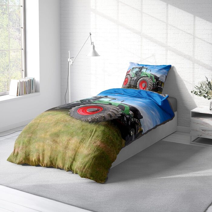 Постільна білизна для однієї людини 135x200 см, трактор, сільськогосподарська техніка, зелений сірий, двостороння мікрофібра