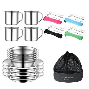 Набір столових приборів для кемпінгу TAN REN для 4 осіб, 24-предметний набір посуду для кемпінгу з нержавіючої сталі, набір столових приборів для пікніка, столові прибори для подорожей на свіжому повітрі з нержавіючої сталі з ножем, виделкою, ложкою для п