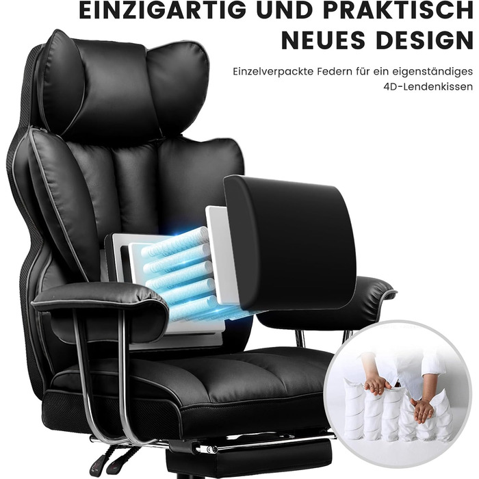 Ігрове крісло GTPLAYER, ергономічне офісне крісло з підставкою для ніг, тканинна оббивка, пружинна подушка сидіння, м&39яке ігрове крісло, ігрове крісло вантажопідйомністю 150 кг, чорна штучна шкіра