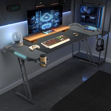 Ігровий стіл YUENFONG 120 x 60 см, ігровий стіл, комп&39ютерний стіл з вуглецевим волокном, комп&39ютерний стіл з гачком для навушників та підставкою для чашок, чорний зі світлодіодним підсвічуванням, 120 см