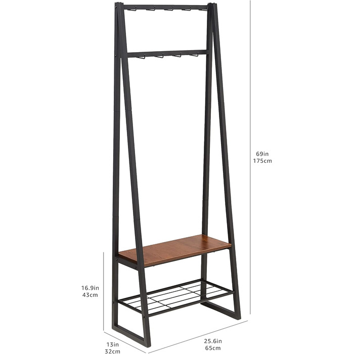 Шафа Storeo Basics з 9 гачками, лавкою для взуття та 2-рівневим місцем для зберігання, чорна, 65 см x 33 см x 170,1 см