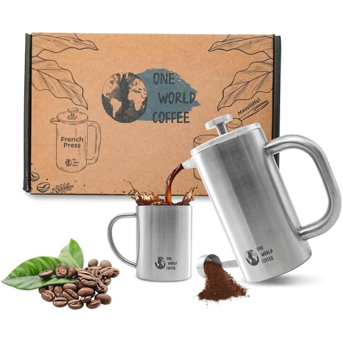 Подарунковий набір кави One World Френч-прес і кухоль з нержавіючої сталі на відкритому повітрі (нержавіюча сталь)
