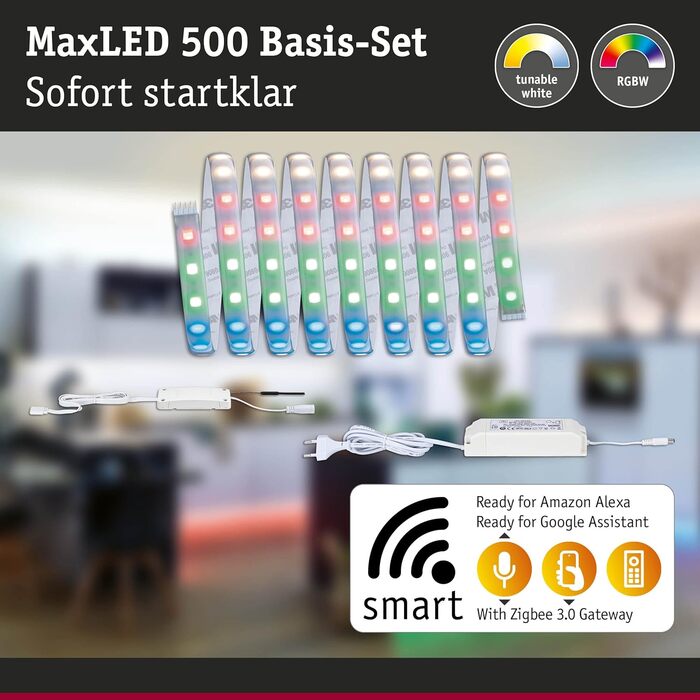 Світлодіодна стрічка MaxLED 500 Базовий набір Розумний будинок Zigbee IP44 3м в т.ч. 1х23 Вт з регулюванням яскравості RGBW кольоровий контроль срібляста пластикова світлова стрічка 3000 K, 78884