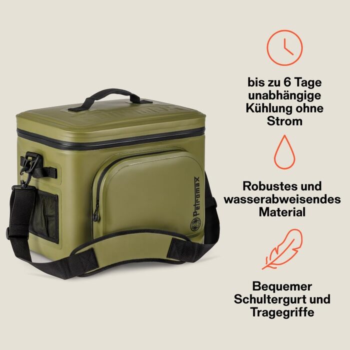 Сумка-холодильник Petromax для зберігання крижаних продуктів протягом кількох днів Незалежна від живлення та акумулятора Водонепроникна блискавка Для кубиків льоду та пакетів з льодом 22 літри Оливкова