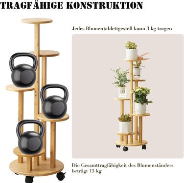 Бамбукова підставка для квітів на колесах, 5-ярусна підставка/стійка для квітів на балкон, шасі Ø31,5 см * верхня полиця Ø19 см * висота 88 см, полиця для рослин для використання на вулиці, легко переміщується (колір дерева), 5-ярусна підставка для рослин