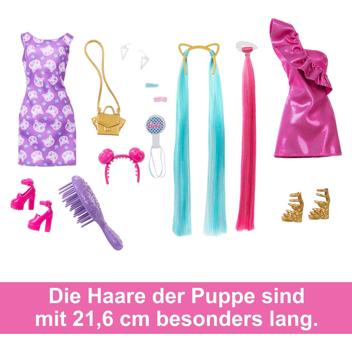 Лялька Barbie, Fun & Fancy Hair з наддовгим барвистим світлим волоссям і блискучою рожевою сукнею, 10 аксесуарів для зачіски та мо
