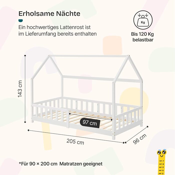 Дитяче ліжко Hesel, домашнє ліжко, біле, 90 x 200 см, із захистом від падіння та рейковою основою, підлогове ліжко Монтессорі, дитяче ліжко, дерев&39яне ліжко