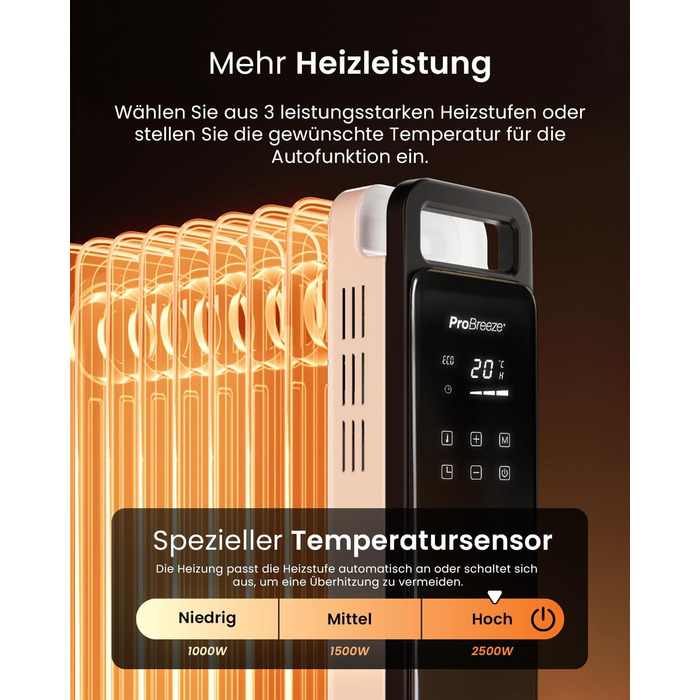 Масляний радіатор Pro Breeze OmniWarm потужністю 2500 Вт з 11 ребрами, електричним нагрівом - енергозберігаючий масляний радіатор, 3 режими нагріву, регульований термостат, 24-годинний таймер, сенсорний дисплей та функція безпечного відключення, білий - н