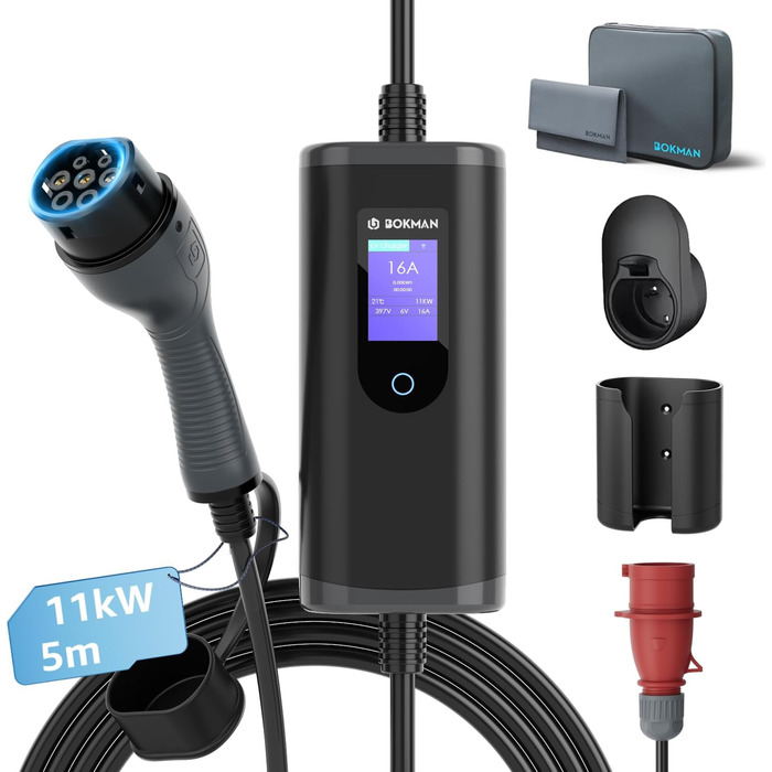 Зарядний кабель bokman тип 2 з вилкою CEE, 5 метрів 6-16А 11кВт 3-фазний IP65 водонепроникний, портативний зарядний пристрій для е