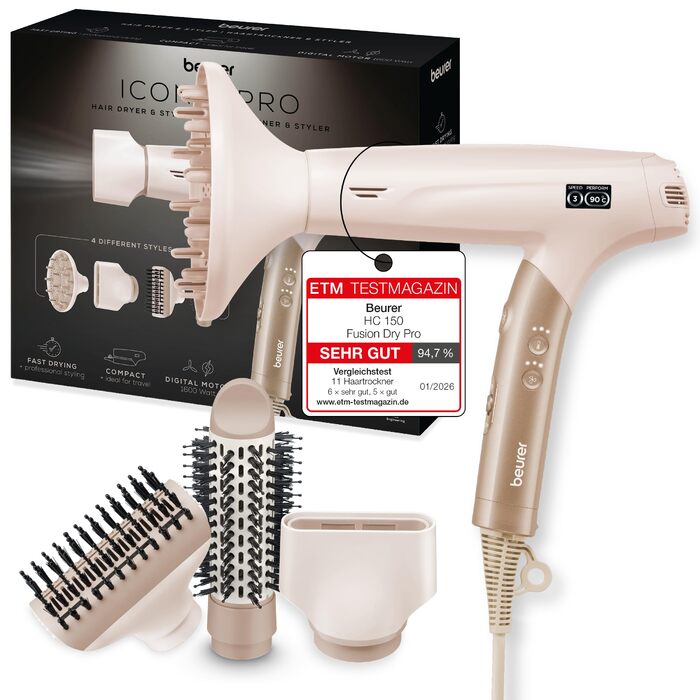Фен Beurer HC 150 FusionDry Pro ультралегкий, потужний цифровий двигун, ергономічна складана ручка для подорожей, іонізація для блиску волосся, 4 насадки для стайлінгу