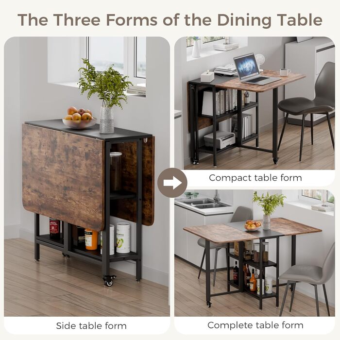 Мобільний розкладний обідній стіл Mondeer, розкладний стіл з 2 відкритими полицями для невеликих приміщень, їдальні, кухні, 120 x 80 x 75 см, сільський коричневий та чорний