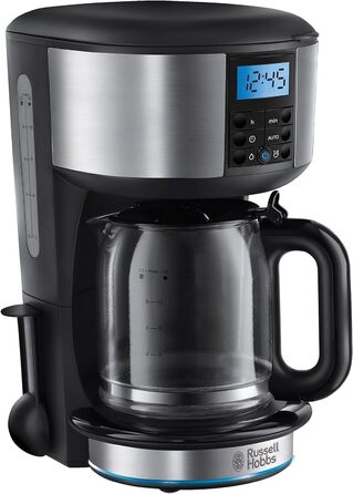 Кавоварка Russell Hobbs цифровий таймер, душова лійка для оптимальної екстракції та аромату Букінгем (макс. 10 чашок, скляний глечик 1,25 л, нагрівальна плита, 1000 Вт) Кавоварка з фільтром 20680-56