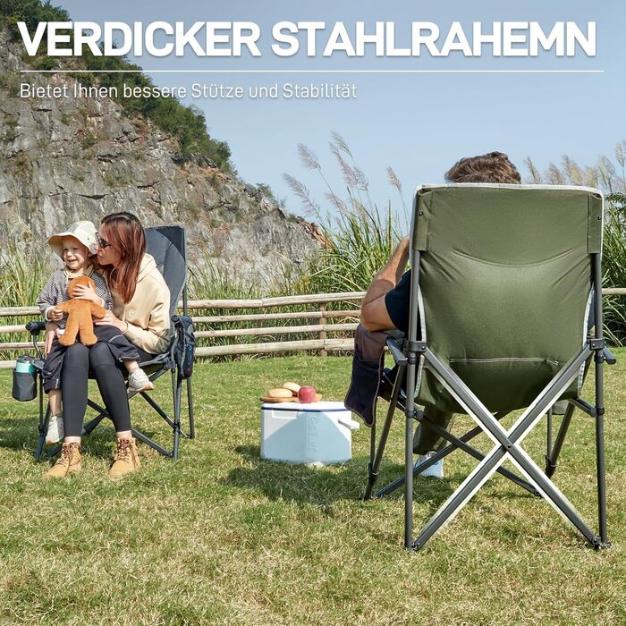 Складаний кемпінговий стілець EVER ADVANCED, вантажопідйомність 230 кг, XL-розмір, ширина сидіння 62 см з бічною кишенею та тримачем для напоїв, великий складний стілець, рибальський стілець для кемпінгу, використання на вулиці, балкон, сад, зелений, клас