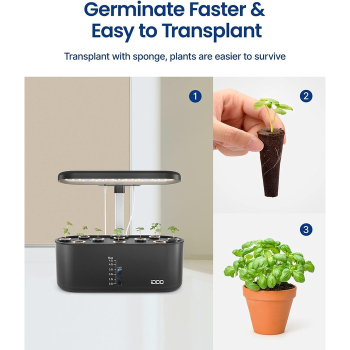 Системи гідропонного вирощування iDOO, світлодіодна лампа для рослин із автоматичним таймером, 10 стручків Smart Garden Indoor Herb Garden Hermination Kit, регульована висота, сигналізація про нестачу води