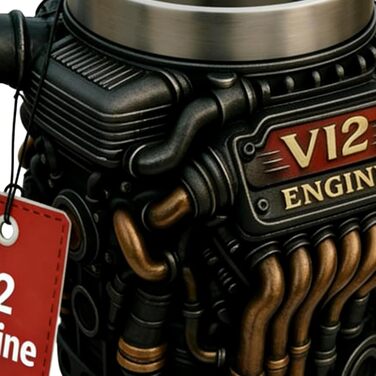 Кавова кружка, 300 мл, V12, нержавіюча сталь, двостінна, реалістичний дизайн, кавова кружка з мотивом двигуна для зими, балкону, двору, використання на вулиці, саду, пікніка, кемпінгу, вечірки, віскі