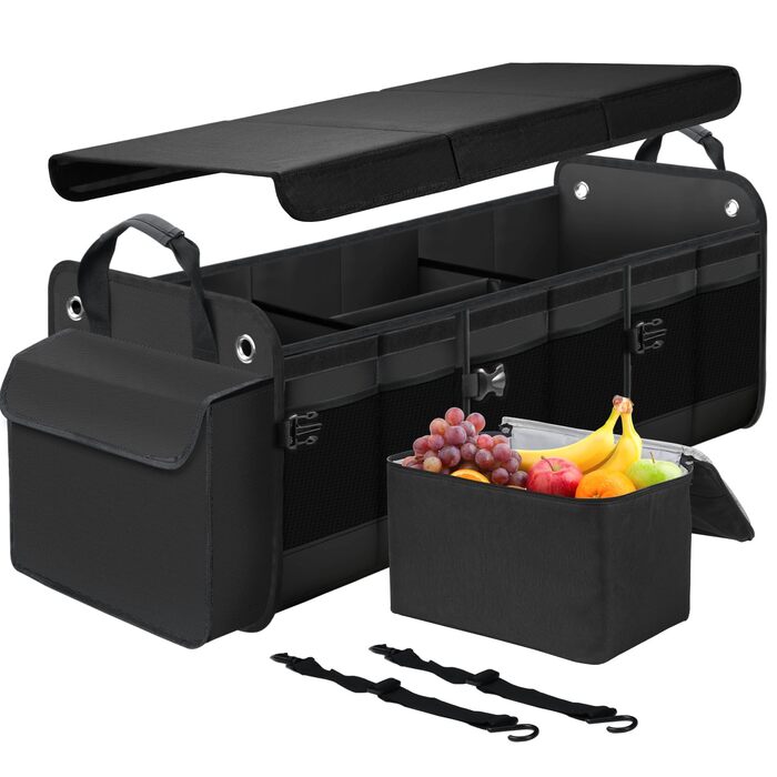 Органайзер для багажника авто, позашляховика, пікапа з від'ємною термосумкою, багатосекційний з відкидною кришкою, нековзним дном, для зберігання речей у дорозі (чорний) П