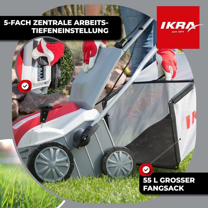 Вертикутер-Аератор газону IEVL 1840, мішок для збору трави 55л, ширина захвату 40см, 1800 Вт, з витягувачем бурянів у комплекті