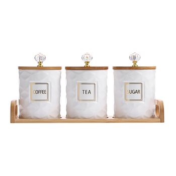 Набір керамічних контейнерів для зберігання, біла керамічна банка з бамбуковою кришкою та підносом, герметичні контейнери для зберігання продуктів на кухонній стільниці, 3 контейнери для цукру, кави, чаю, місткістю 1 літр кожен