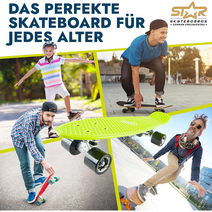 Скейтборд BIKESTAR Vintage Retro Cruiser 60 мм - круїзерний скейтборд для дітей та дорослих, початківці від 6-8 років, ретро дизайн Gecko Green Devilish Black