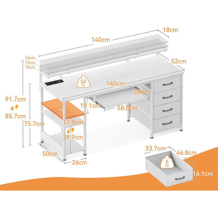 Письмовий стіл ODK з 4 шухлядами, 140x52x92 см, комп&39ютерний стіл з 2 розетками та 2 USB-портами для зарядки, ПК-стіл з полицею, ігровий стіл з підставкою для клавіатури для офісу, вітальня, білий 140x52 см
