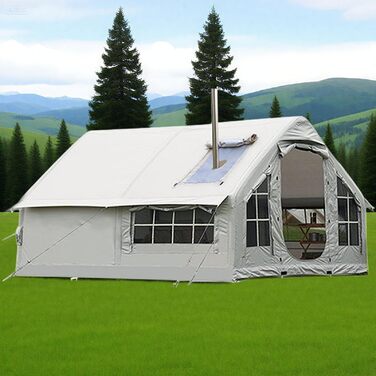 Зимовий надувний намет-будиночок XXL, сімейний намет на 6-8 осіб, надувний кемпінговий намет з насосом, 4-сезонний розкладний намет, великий XXL намет для вулиці з димоходом, сірий, 385x260x200 см