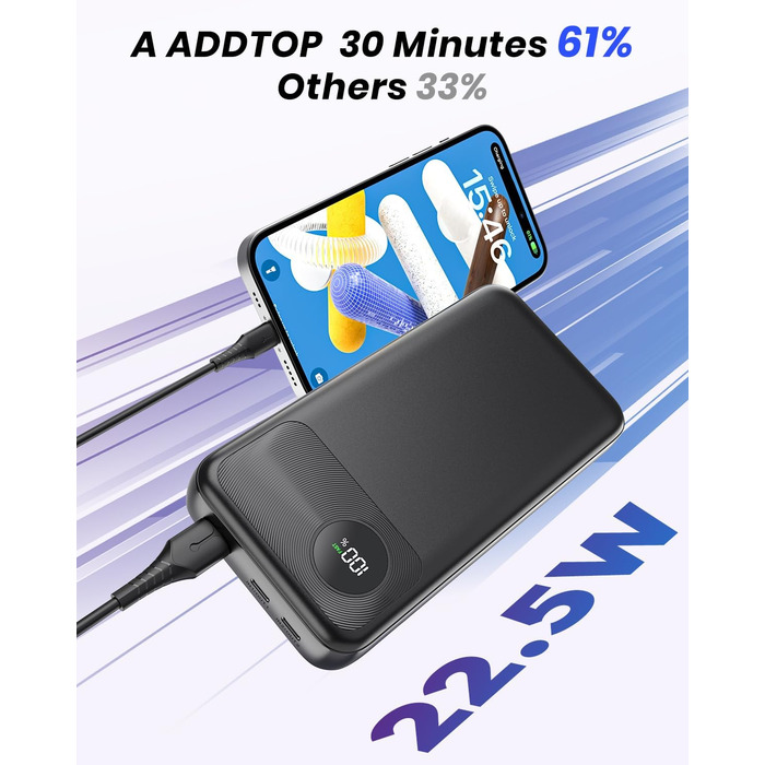 Вт Швидка зарядка Power Bank з USB-C входом і виходами PD3.0 QC 4.0, портативний зарядний телефон, зовнішній акумуляторний блок, сумісний з iPhone, смартфонами, планшетами, чорний, 20000mAh, 22, 5