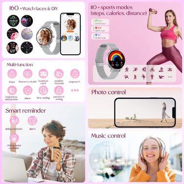 Жіночий смарт-годинник із функцією Bluetooth для телефону, спортивний годинник 1,27-дюймовий HD-сенсорний смарт-годинник із монітором серцевого ритму, монітором менструального циклу, монітором сну, понад 100 спортивними режимами, фітнес-годинник, водонепр