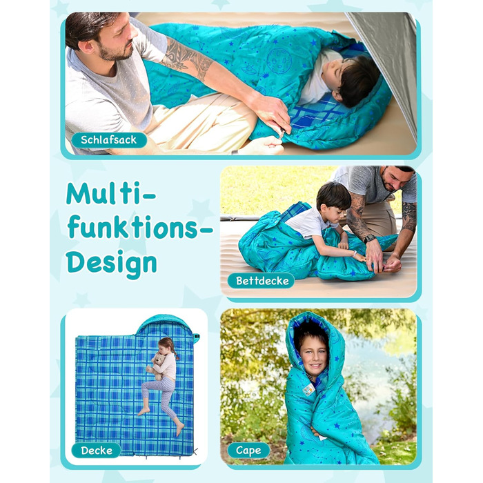 Дитячий фланелевий спальний мішок KingCamp, легкий, водонепроникний та компактний, зимовий спальний мішок, 4-сезонний спальний мішок-ковдра, аксесуар для кемпінгу, підходить для дітей зростом до 140 см, комфорт 7C, блакитне регулювання довжини