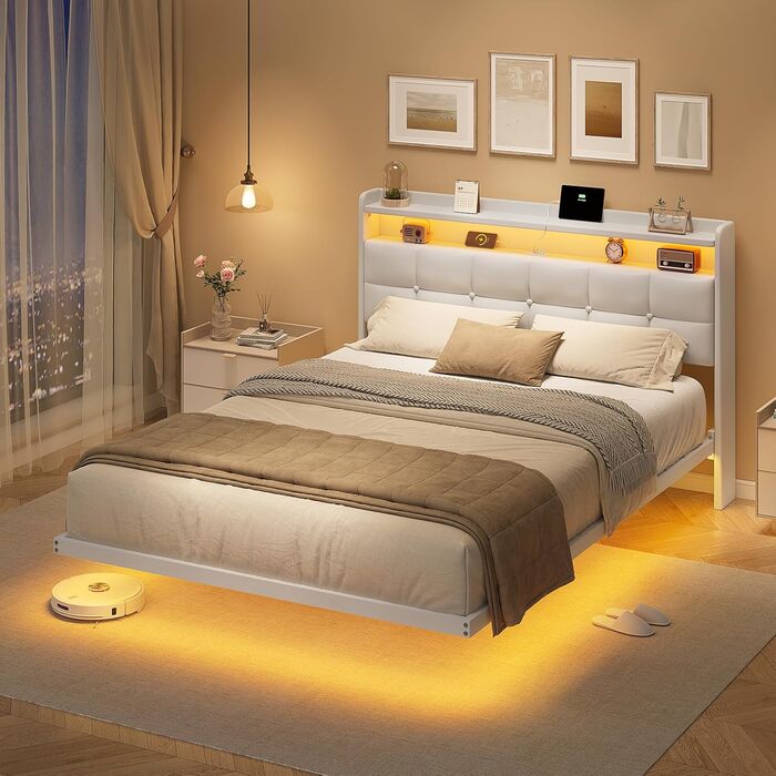 М&39яке ліжко 140x200 см, Ліжко 140 x 200 зі світлодіодним освітленням та зарядною станцією, Каркас ліжка з узголів&39ям, Каркас двоспального ліжка Плаваючий каркас ліжка, Металеве ліжко, ПУ, Сучасне, Біле (без матраца) 140 x 200 см Білий